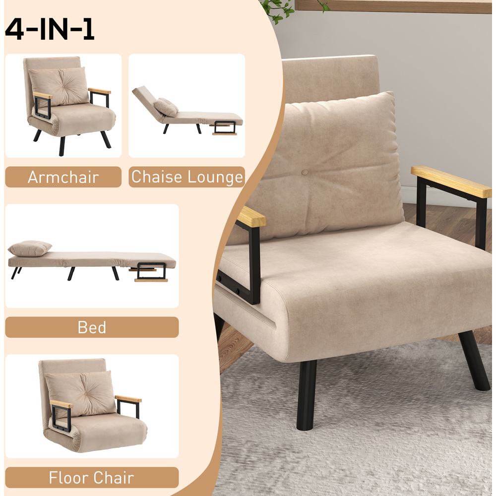 HOMCOM Single Beige Velvet Feel Fabric Convertible Chair Bed Image 5