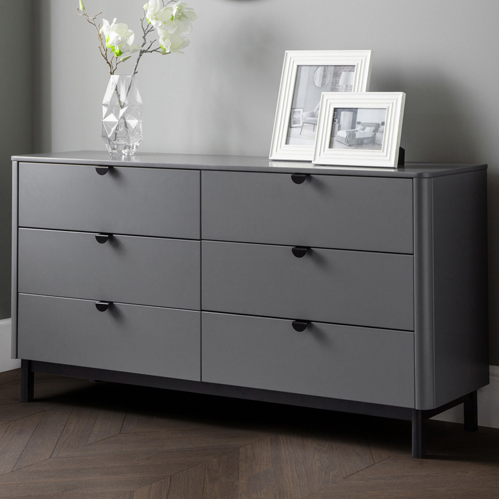 Julian Bowen Chloe 6 Drawer Storm Grey Lacquer Wide Chest of Drawers Image 1