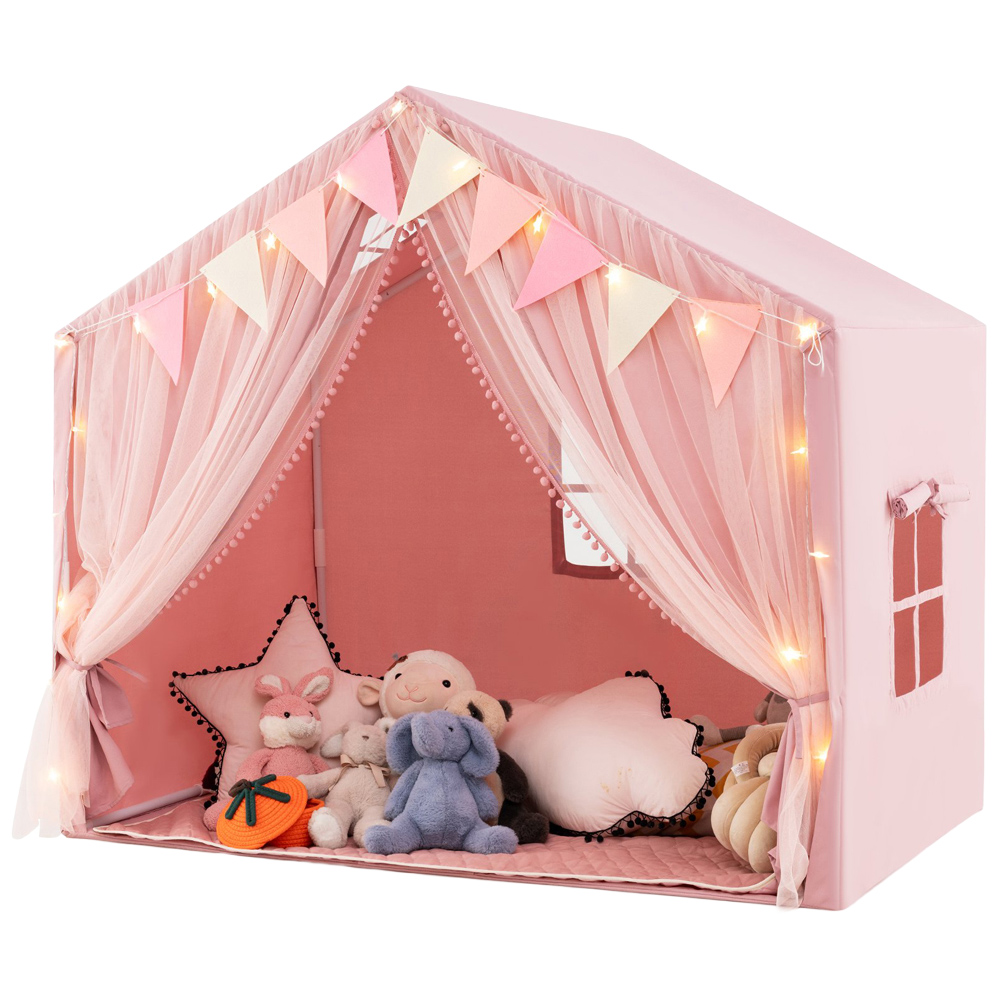 Costway Kids Pink Large Tent House Play Set with Fabric and Screen Curtains Image 1