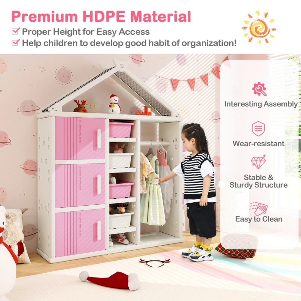 Costway Pink Kids Closet with Storage Bin Image 8