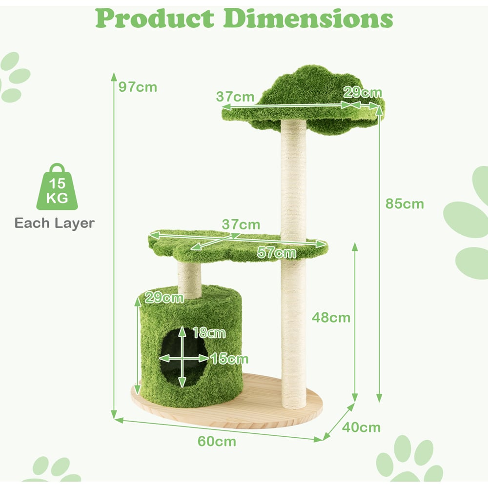 Costway Green Cat Tree with Fully Wrapped Sisal Scratching Posts 97cm Image 9