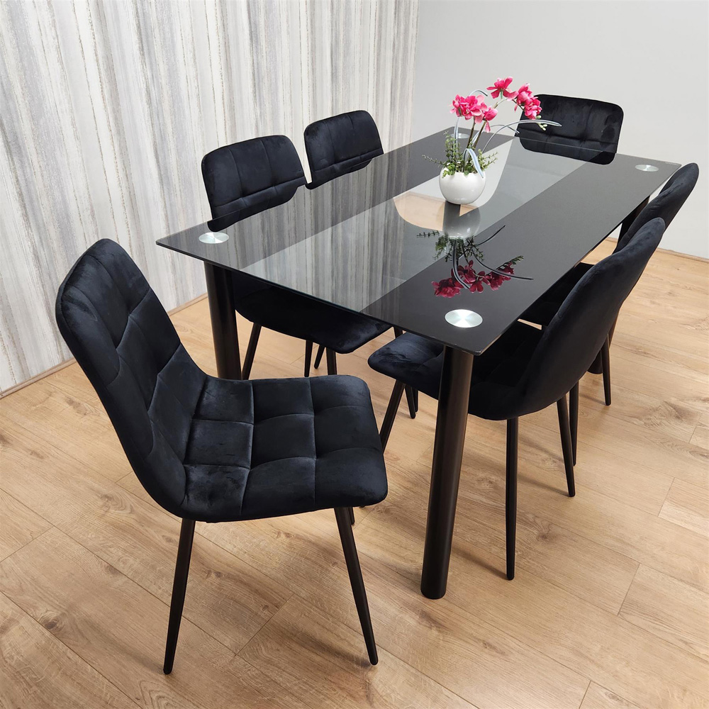 Portland Glass 6 Seater Velvet Dining Set Black Image 7