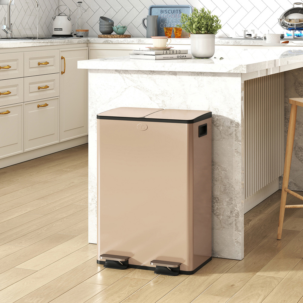 HOMCOM Gold Tone Stainless Steel Double Pedal Bin with Soft-Close Lid 56L Image 2