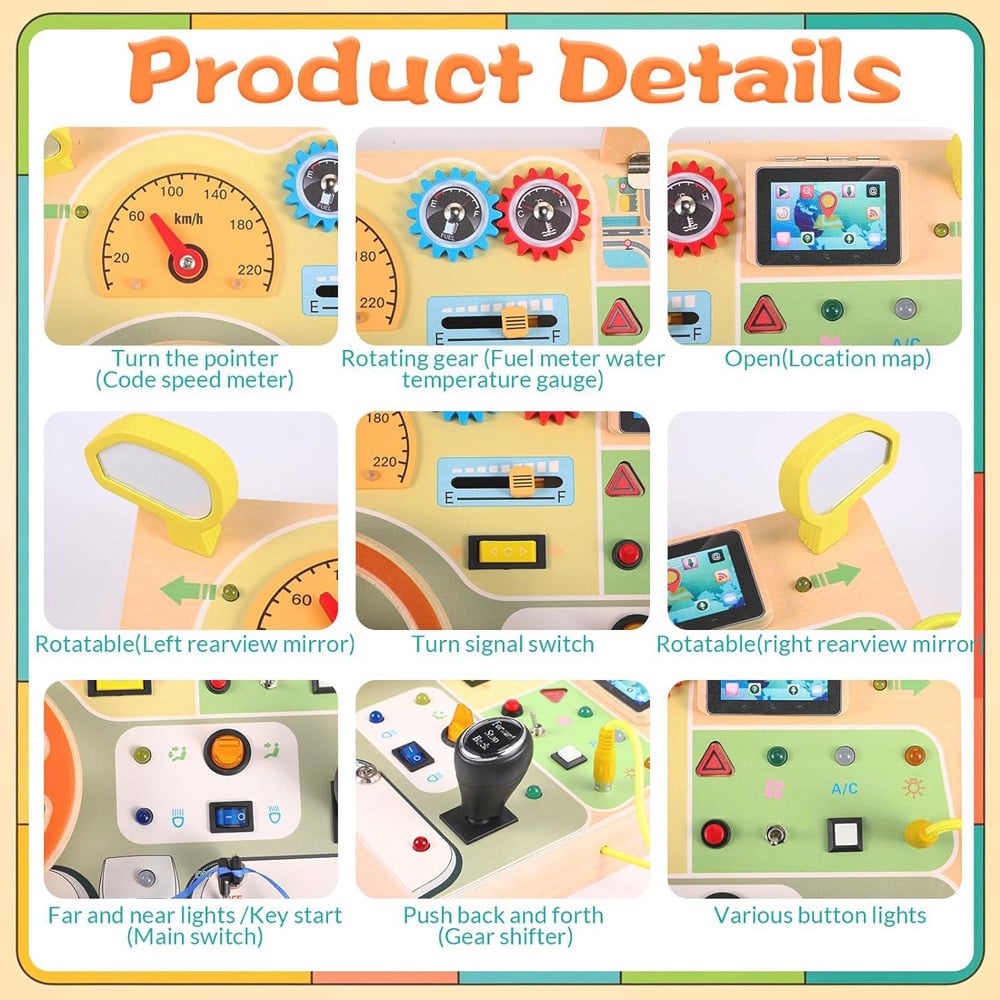 Dyzi Toddlers Montessori Busy Board Wooden Steering Wheel Sensory Toy Image 4