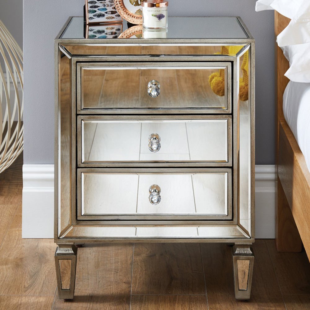 Furniturebox Veneto 3 Drawer Mirrored Bedside Table Image 1