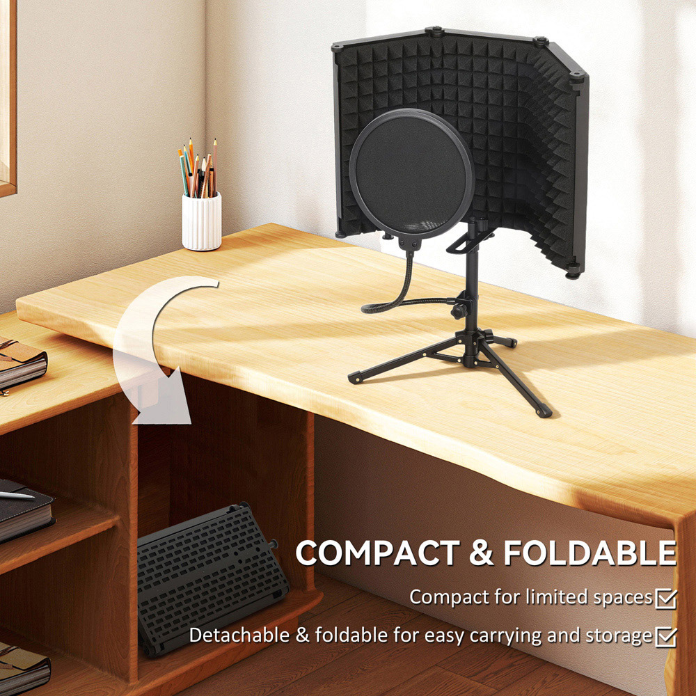 HOMCOM Black Studio Microphone Isolation Shield with Pop Filter and Stand Image 5