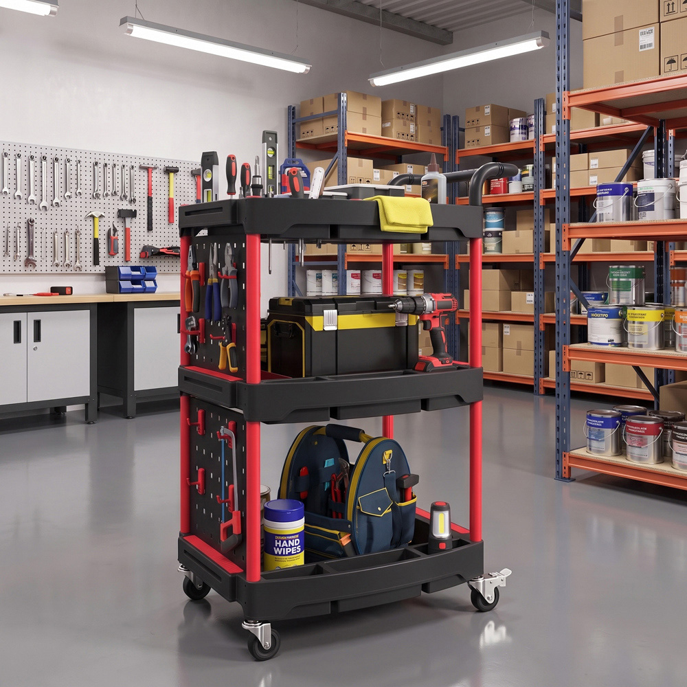 HOMCOM 3-Tier Black and Red Rolling Tool Cart with Pegboard and Hooks Image 3