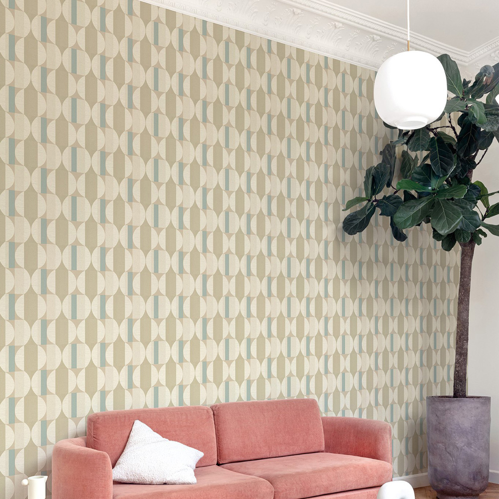 Grandeco Cumaru Boutique Fuma Retro Geometric Embossed Blue and Beige Wallpaper Image 4