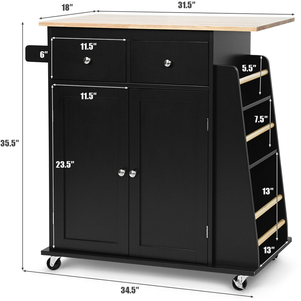 Costway Black Kitchen Island with Rubber Wood Countertop and Storage on Wheels Image 9