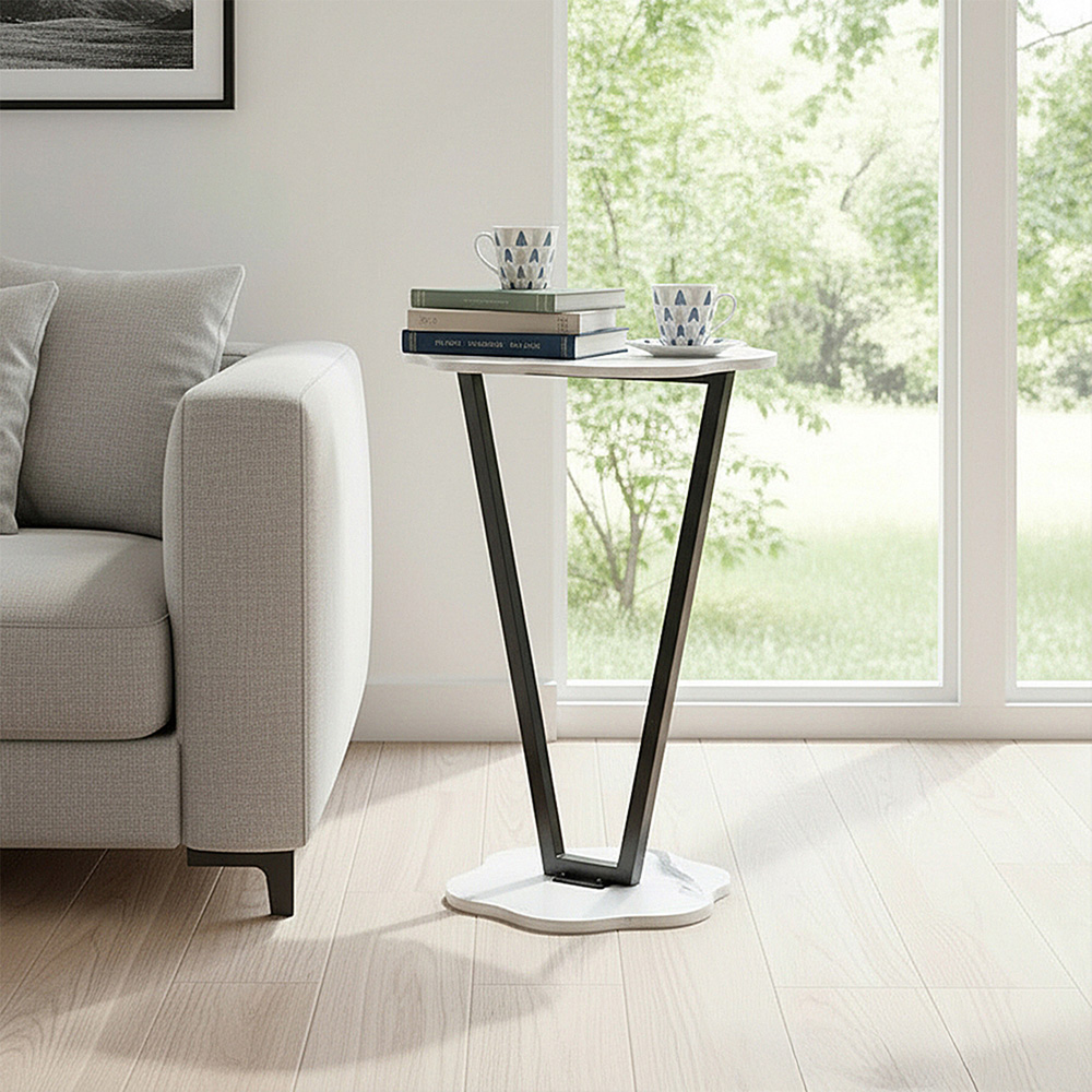 Living and Home White Marble Effect Side Table with Steel Frame Image 7
