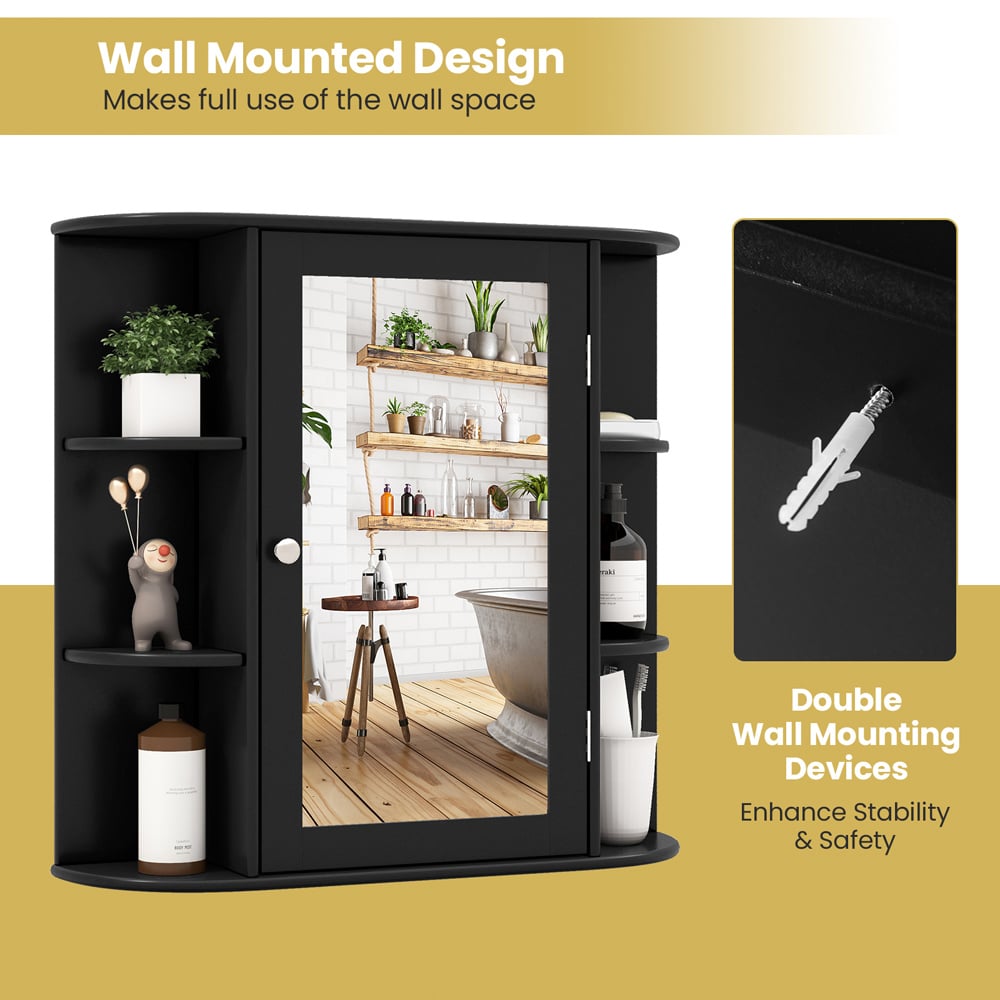 Costway Single Door 6 Shelf Black Mirrored Wall Mounted Bathroom Cabinet Image 8