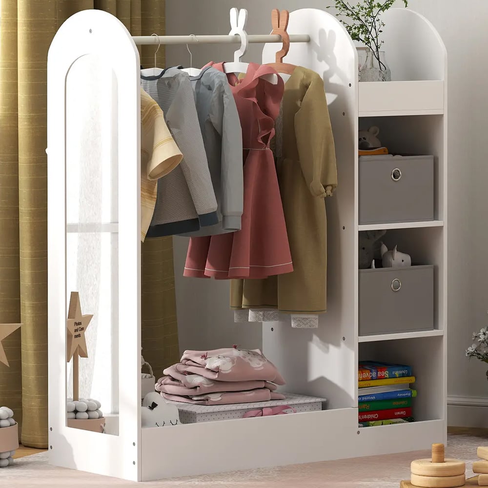 AIYAPLAY White Kids Cloth Rail with Storage Shelf and Mirror Image 1