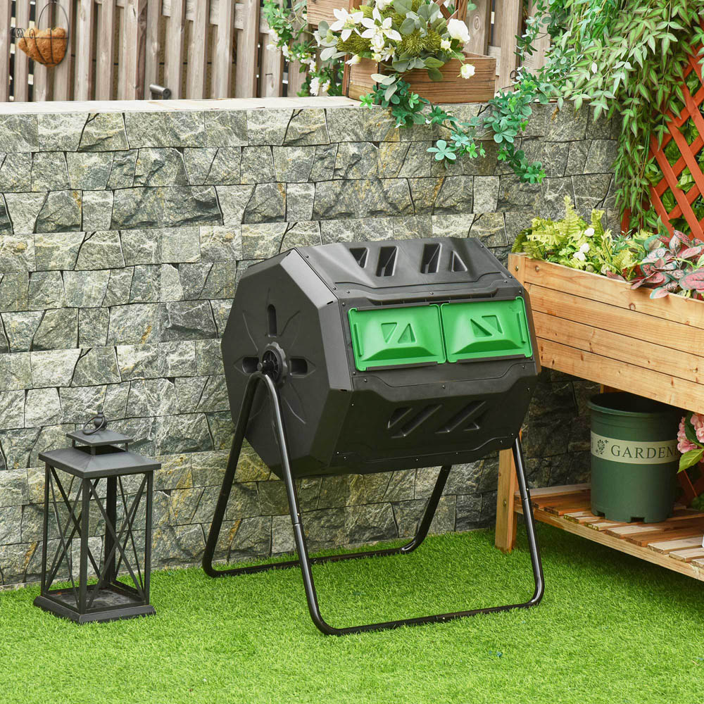 Outsunny 160L Black 2 Chamber Steel Tumbling Garden Compost Bin Image 2
