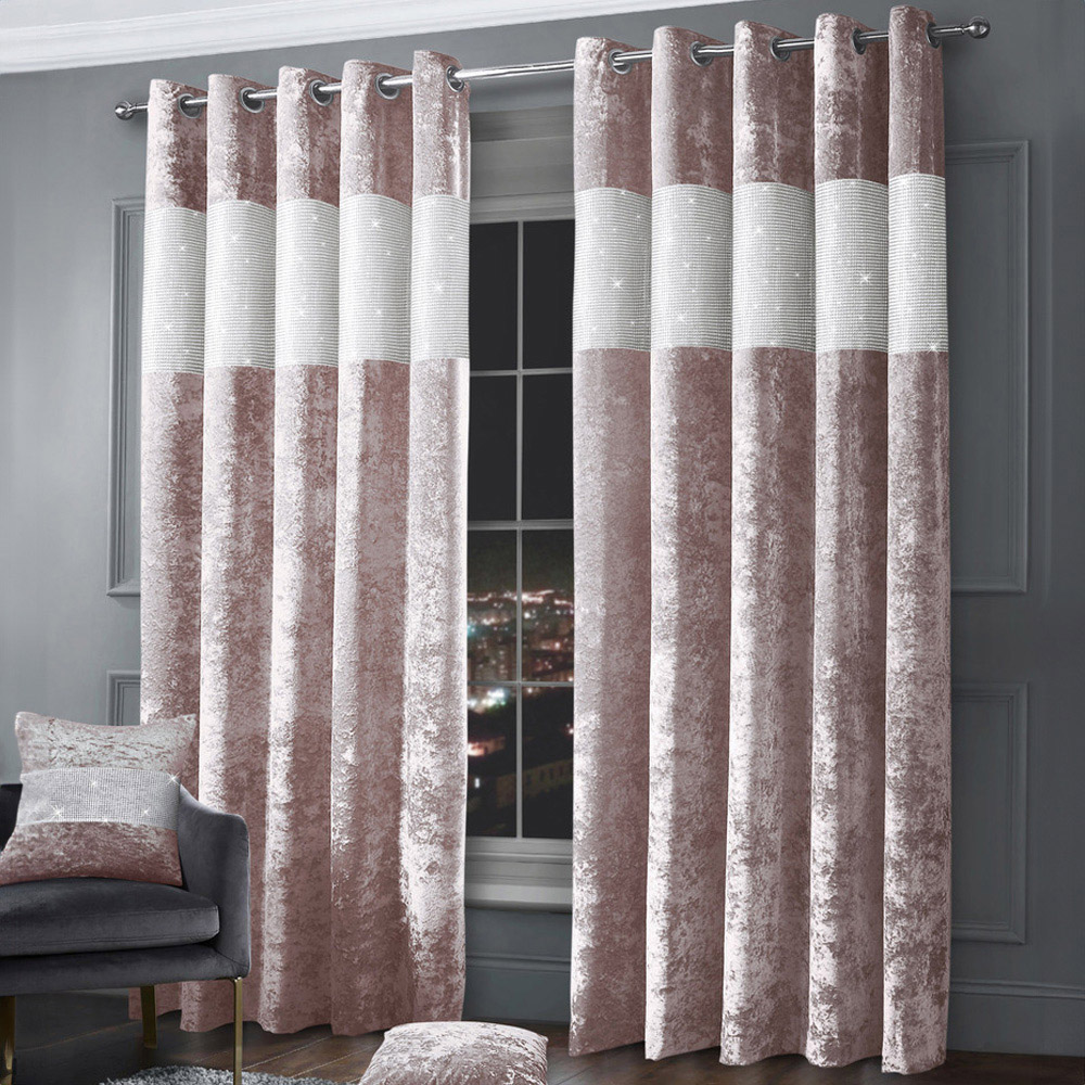 Intimates Diamante Blush Pink Crushed Velvet Eyelet Curtains 168 x 223cm Image 1