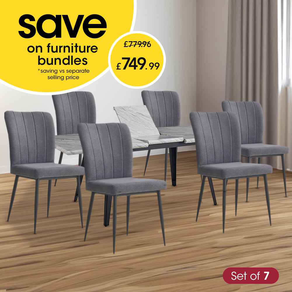 Carvelle Metal Dining Table & 6 Seaton Grey Chairs Set Image 1