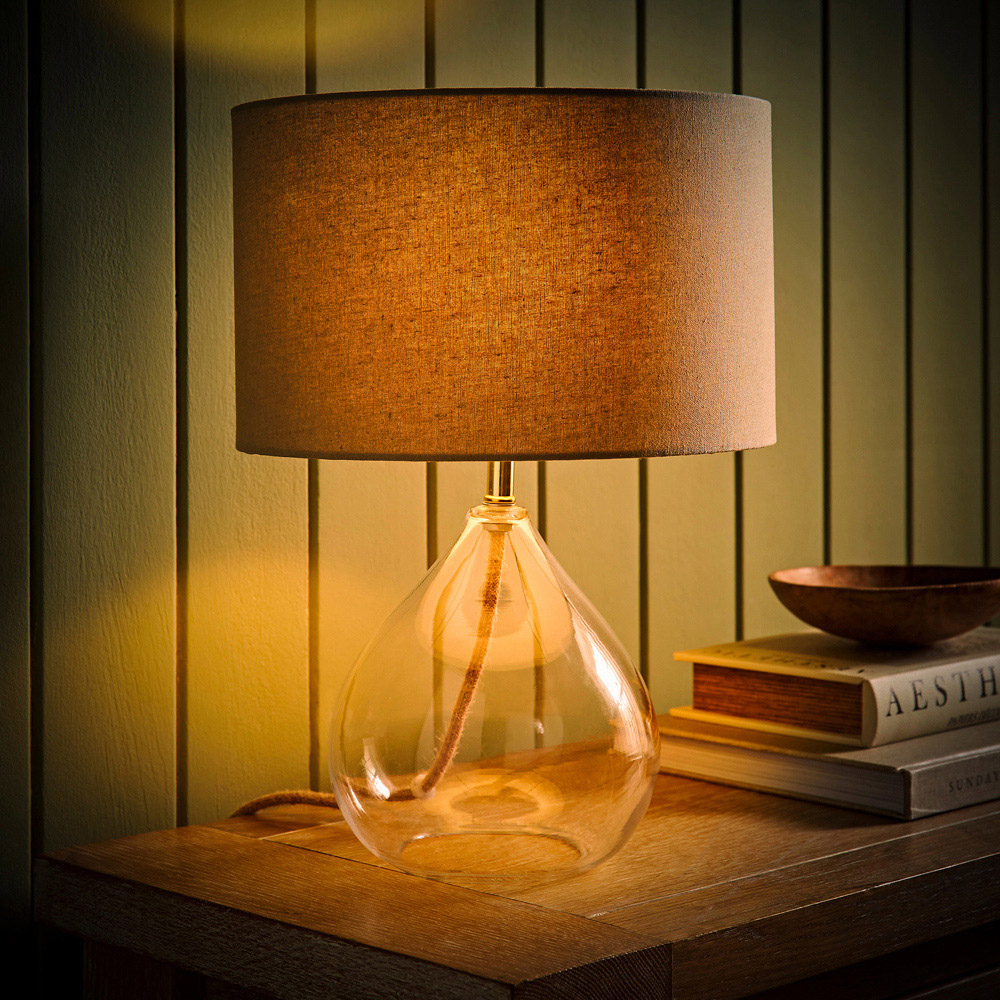 ValueLights Eloise Natural Linen Drum Shade Clear Glass Teardrop LED Table Lamp Image 6