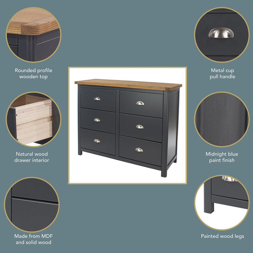 Core Products Dunkeld 6 Drawer Midnight Blue Wide Chest of Drawers Image 3