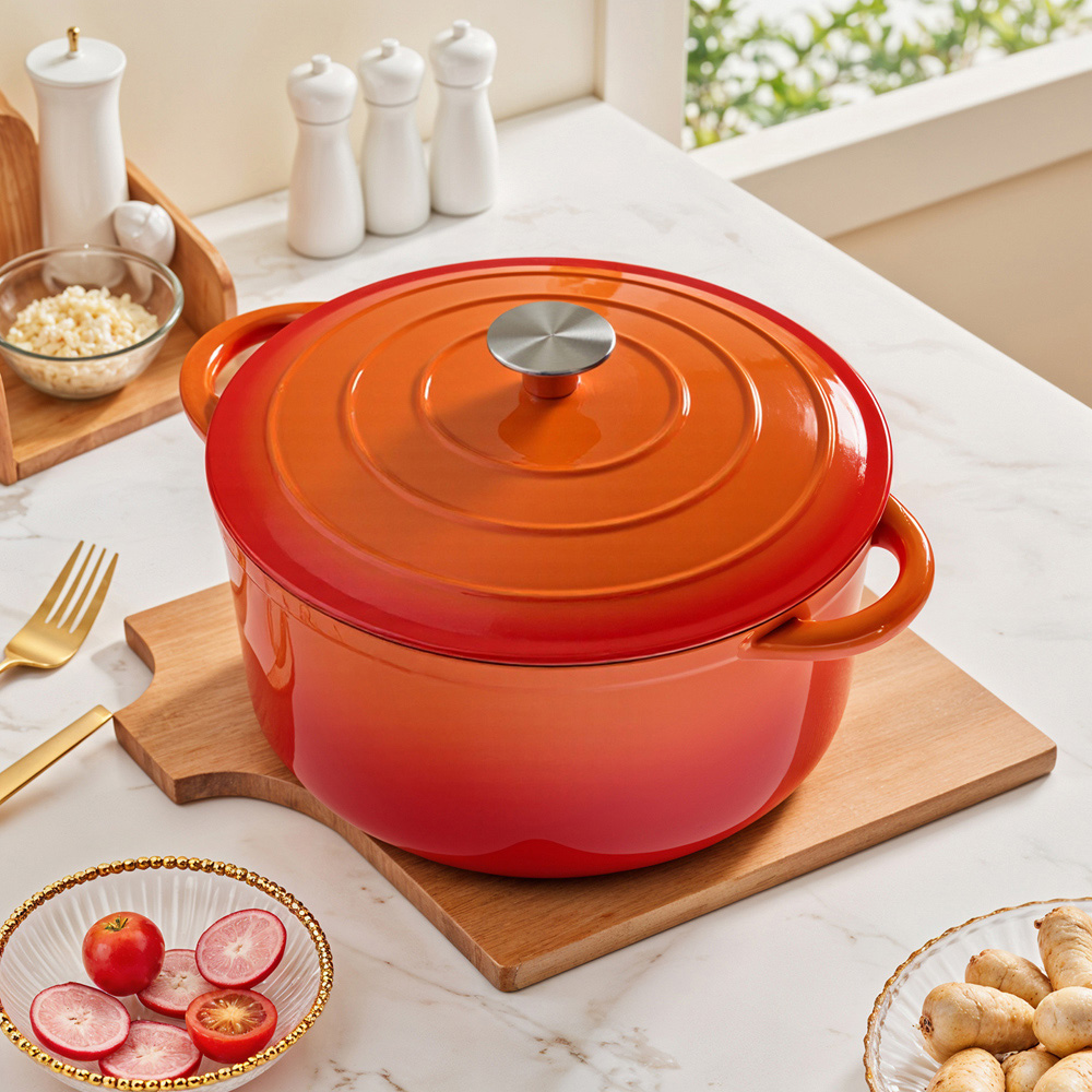 Living and Home 6L Orange Cast Iron Enamel Dutch Oven with Lid Image 2