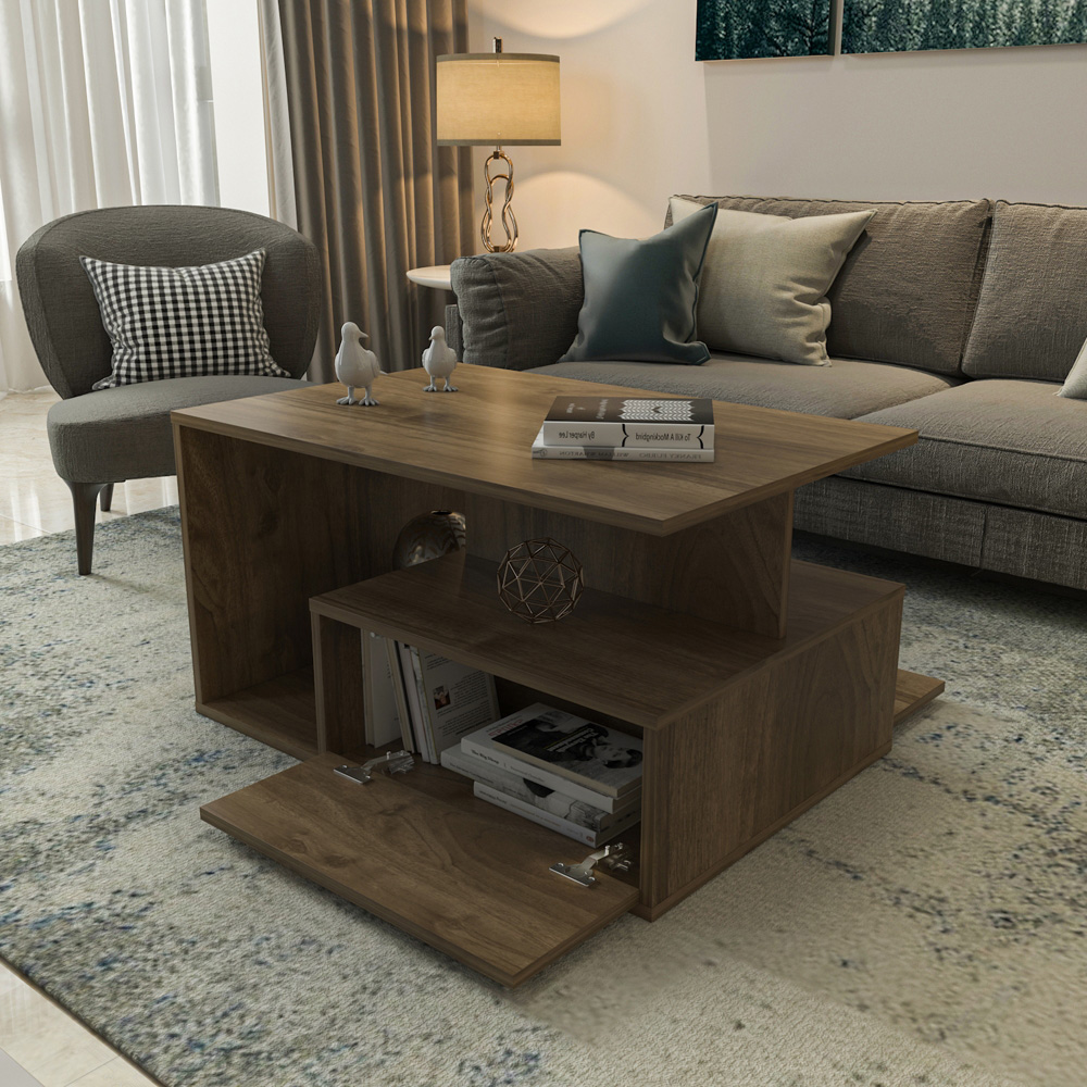 Decorotika Mana Walnut Coffee Table with Shelf and Cabinet Image 5