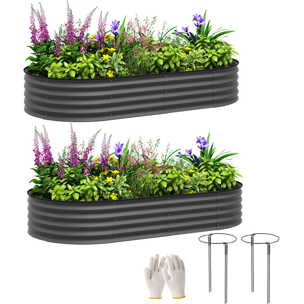 Outsunny Dark Grey Raised Garden Bed with Metal Plant Stakes Set of 2 Image 3