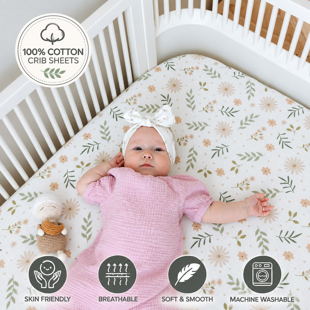 MHG Living Green and Flowers Jersey Cotton Fitted Cot Bed Sheet 140 x 70cm 2 Pack Image 5