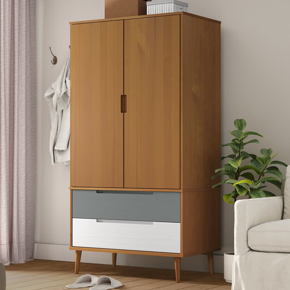 vidaXL Molde 2 Door 2 Drawer Brown Solid Wood Pine Wardrobe Image 1