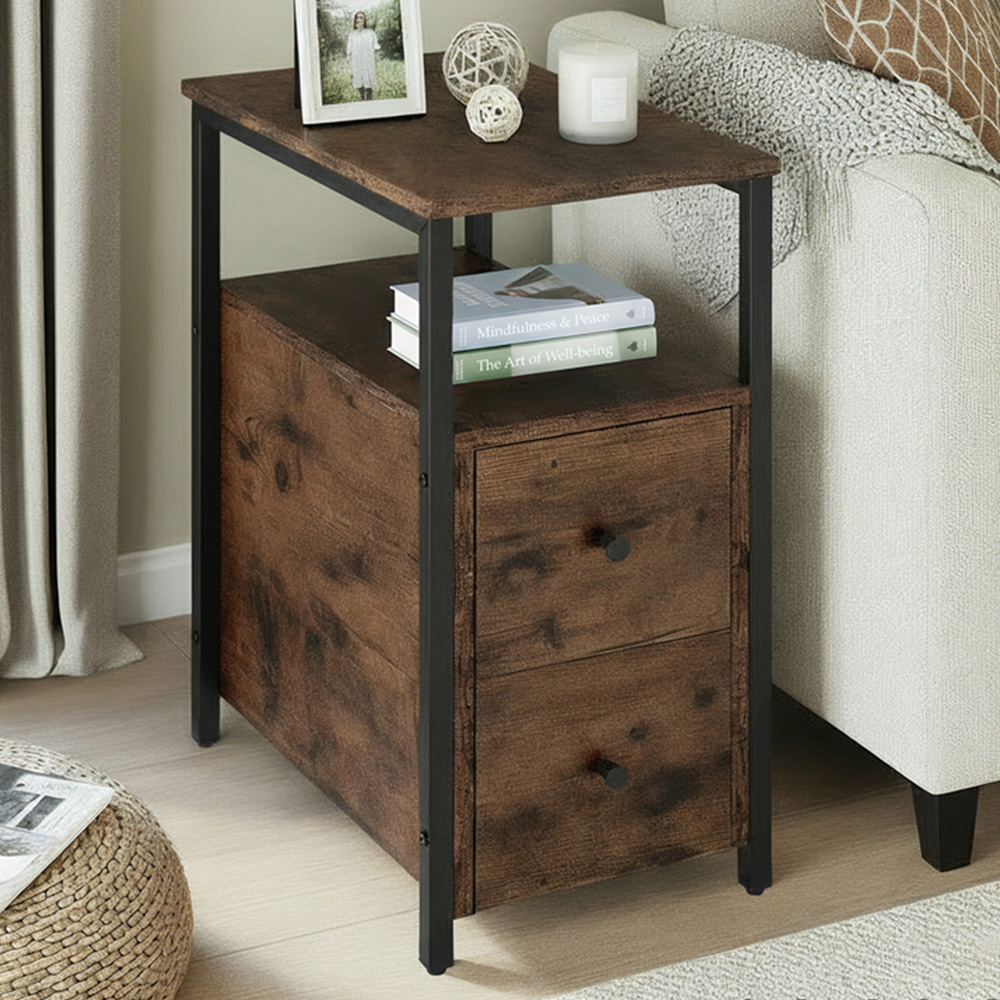 tectake Tullamore 2 Drawer Dark Industrial Wood Rustic Bedside Table Image 1