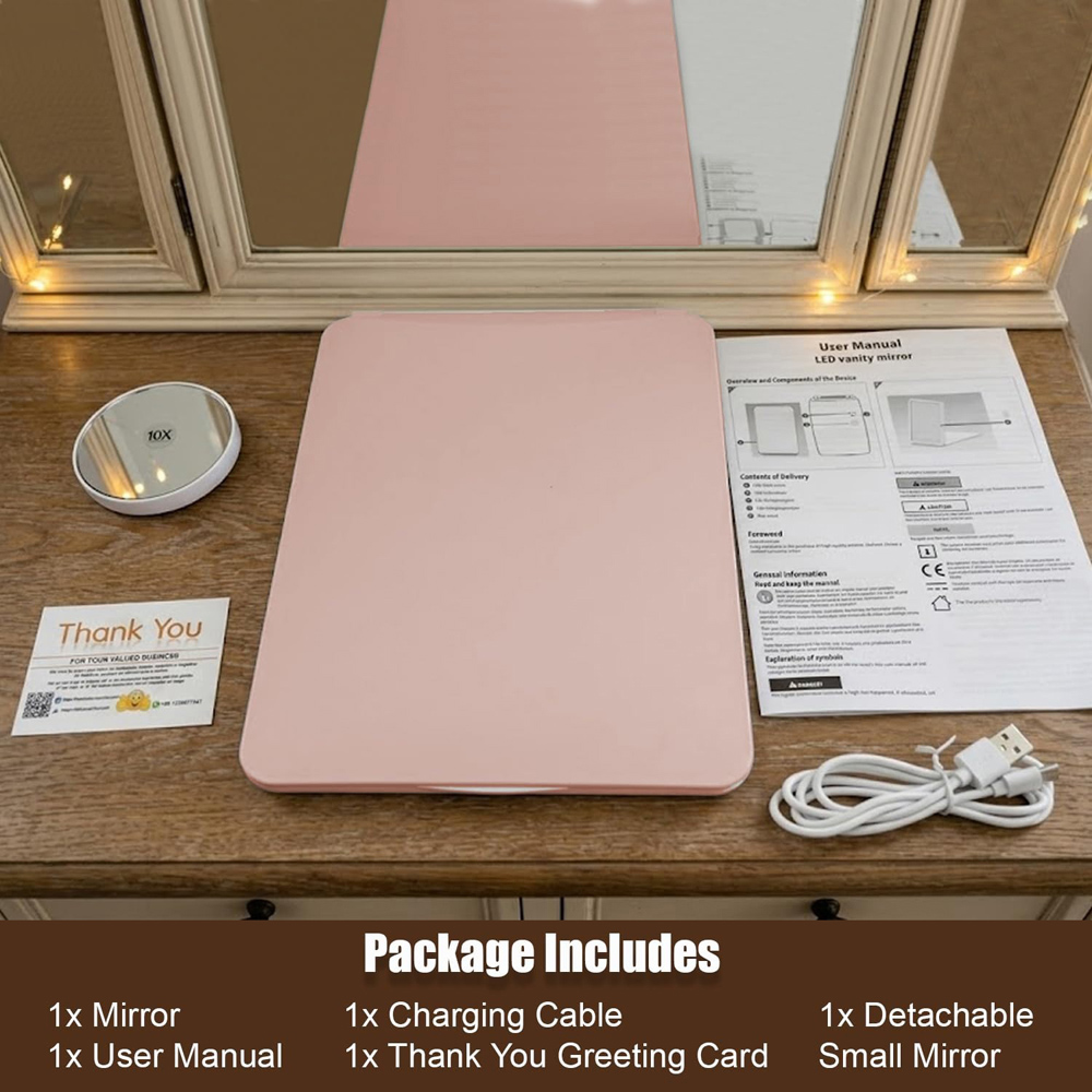 ATEK Pink Rechargeable LED Touch Control Travel Makeup Mirror with 10x Magnifying Insert Image 7