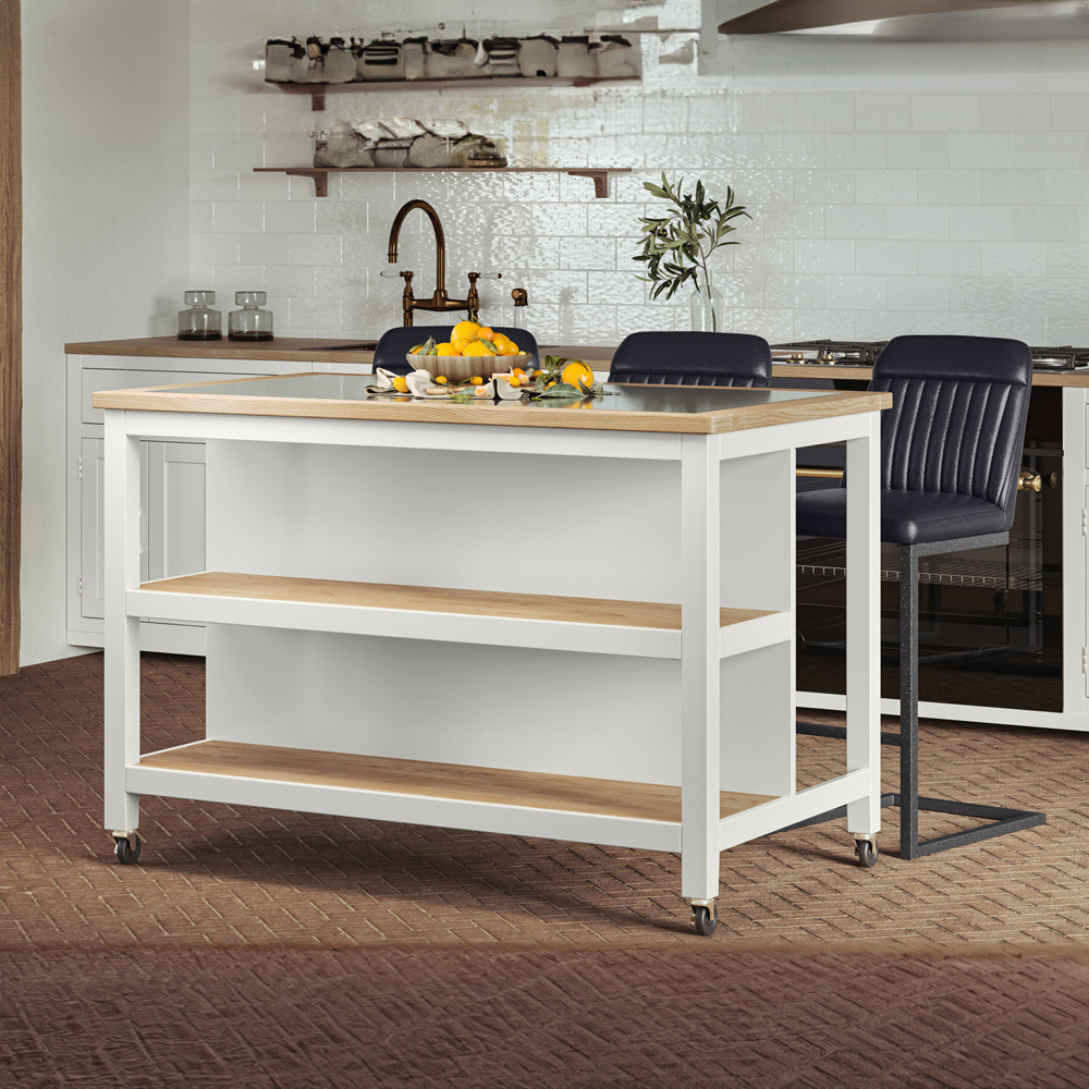 Baumhaus Kitchen Island 2 Shelf White Cabinet Open with Breakfast Bar Image 6