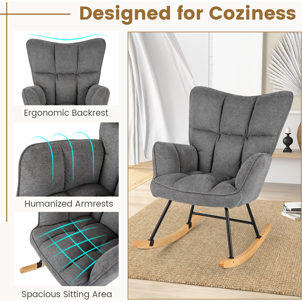 Costway Grey Linen High Backrest Nursery Rocking Chair Image 4