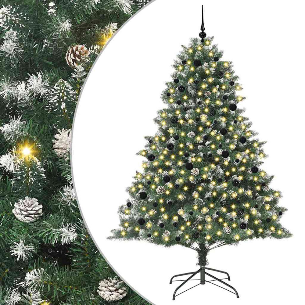 vidaXL Pre-Lit Black Baubles Green Artificial Snow Tipped Christmas Tree 8ft Image 2