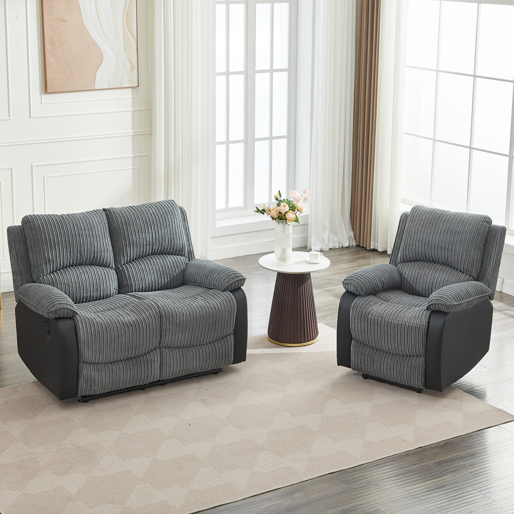 Furniture One 3 Seater Grey Sectional Corduroy Electric Recliner Sofa Chair Set Image 3