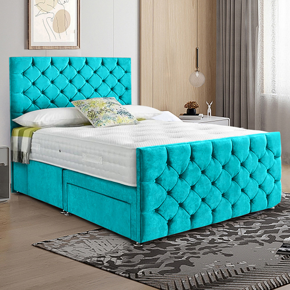 Eleganza Home Dreamscape King Size Teal Plush Velvet Single Drawer Divan Bed with Headboard Image 1
