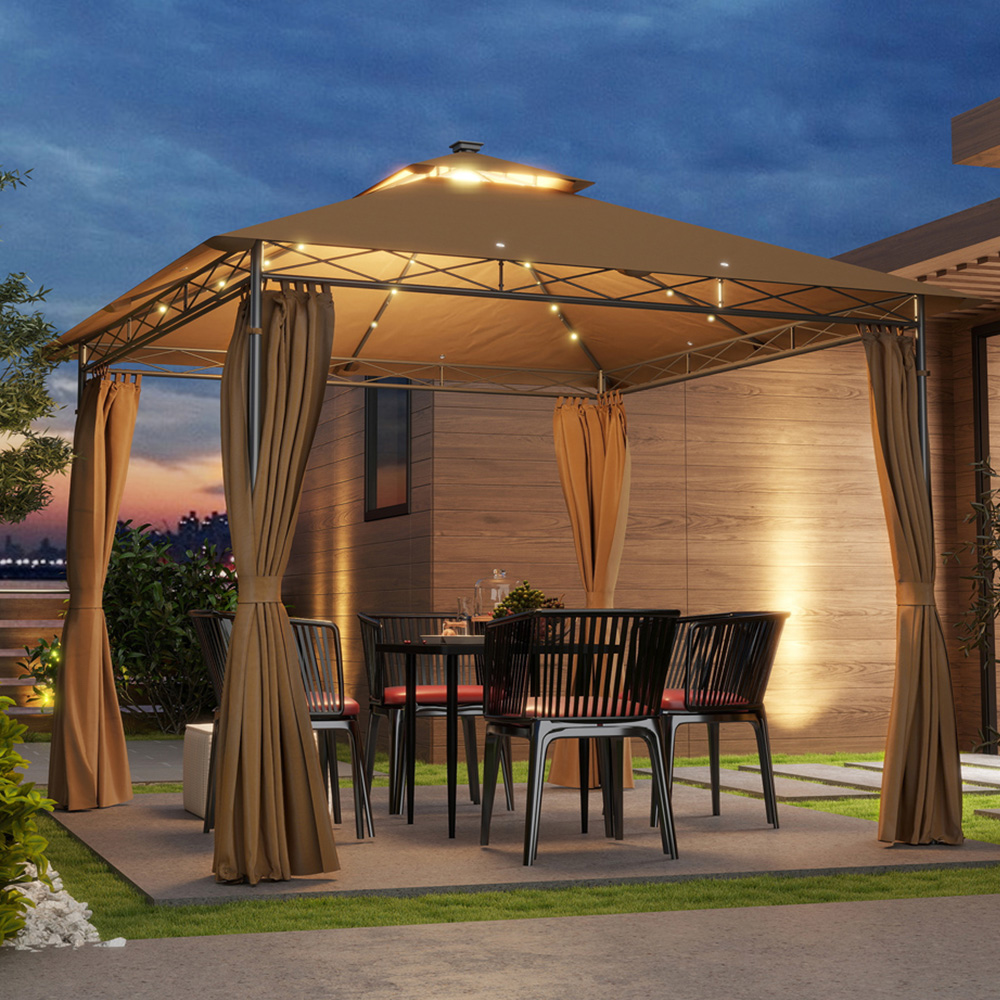 Outsunny 3 x 3m Brown Double Roof Outdoor Gazebo with Curtains Image 1