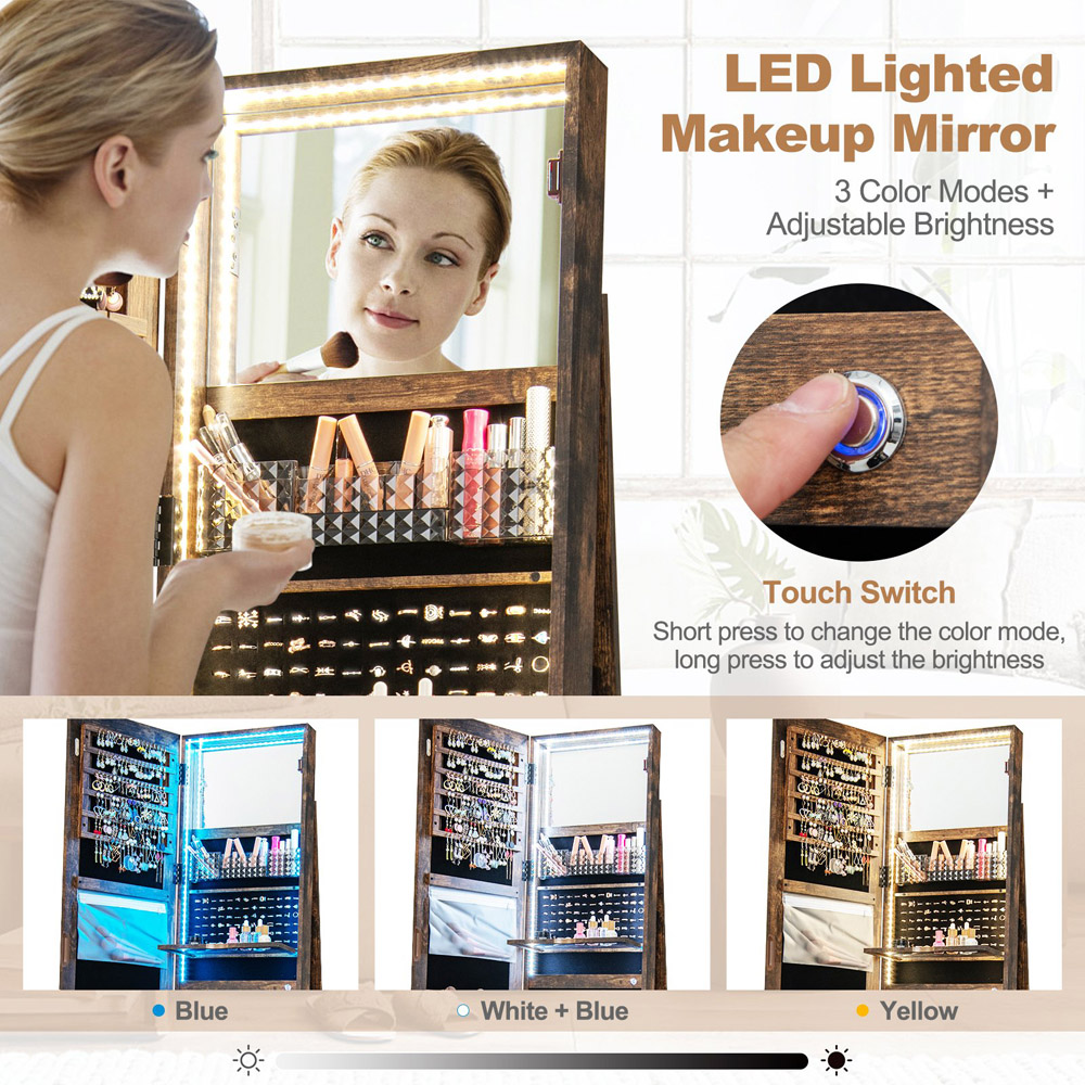 Costway Brown Swivel Mirrored LED Light Jewelry Cabinet Image 5