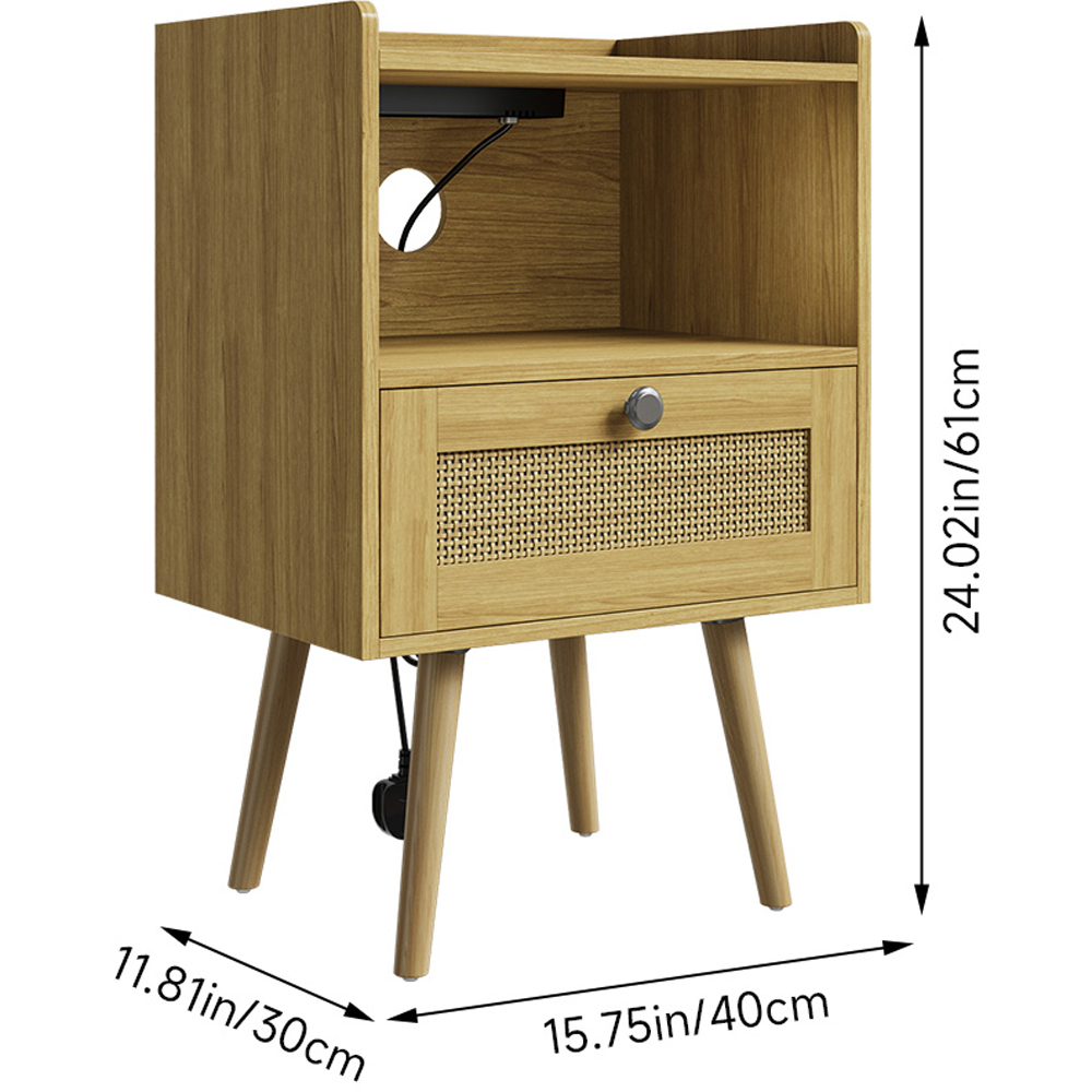 Living and Home Single Drawer Natural Wooden Bedside Table with Power Strip Set of 2 Image 9