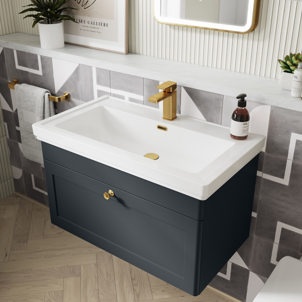 nuie Classique 1 Drawer Soft Black Wall Hung Vanity Unit and 1 Tap Hole Fireclay Basin 800mm Image 2