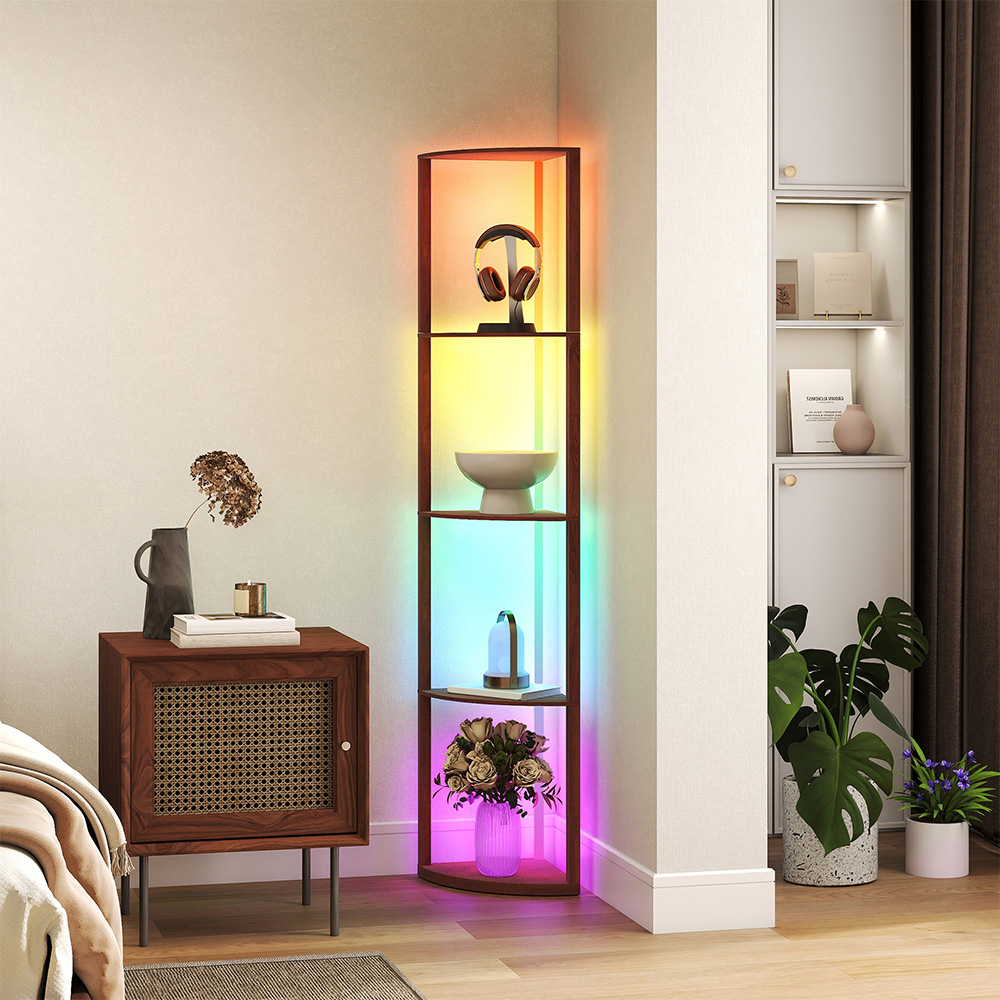 HOMCOM 5 Shelf Brown Dimmable RGB LED Floor Lamp Image 3