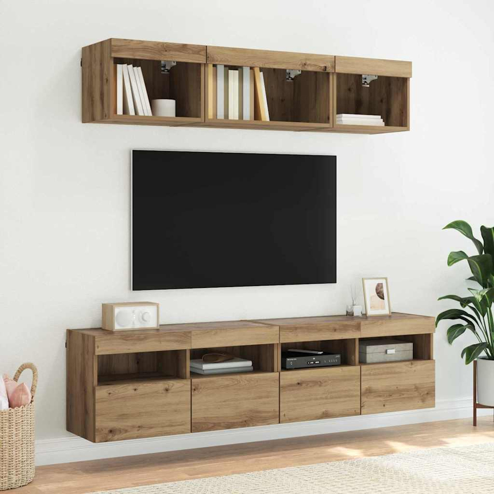 vidaXL 2 Door 2 Shelf Artisan Oak Wall Mounted TV Cabinet with LED Light 2 Pack Image 6