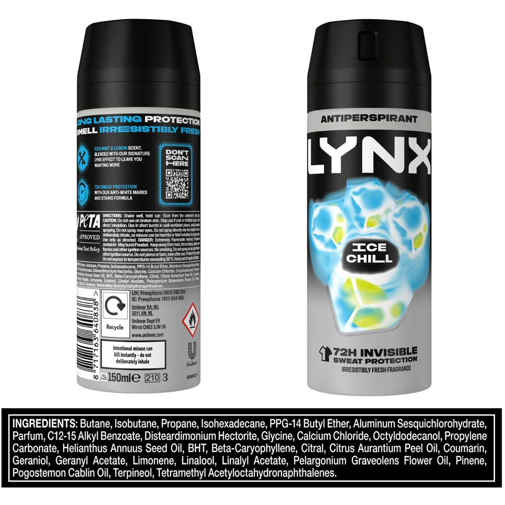 Lynx Ice Chill 72H Sweat Protection Anti-Perspirant Aerosol Deodorant Body Spray 150ml 18 Pack Image 9