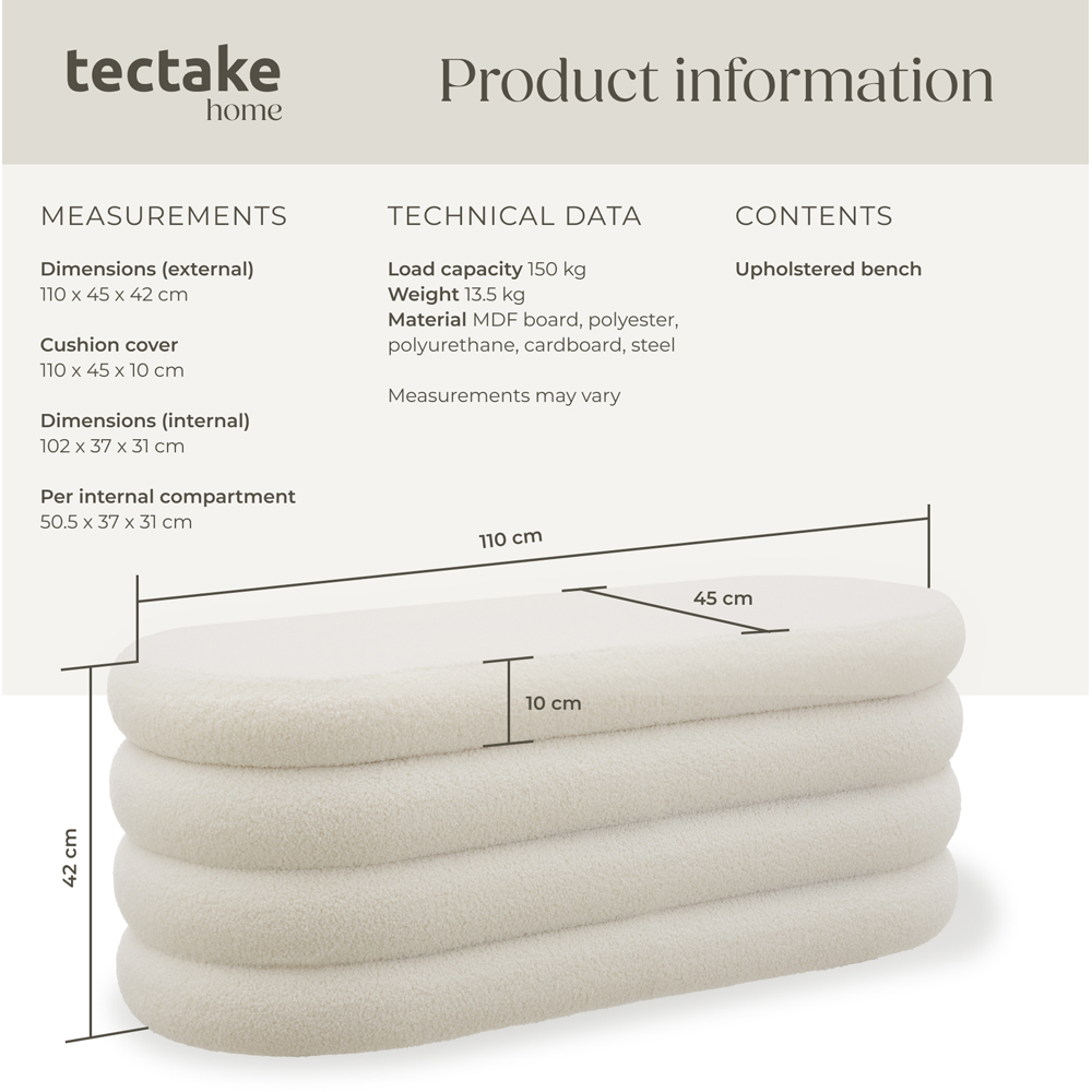 tectake Altu Cream Boucle Upholstered Bench with Storage Image 8
