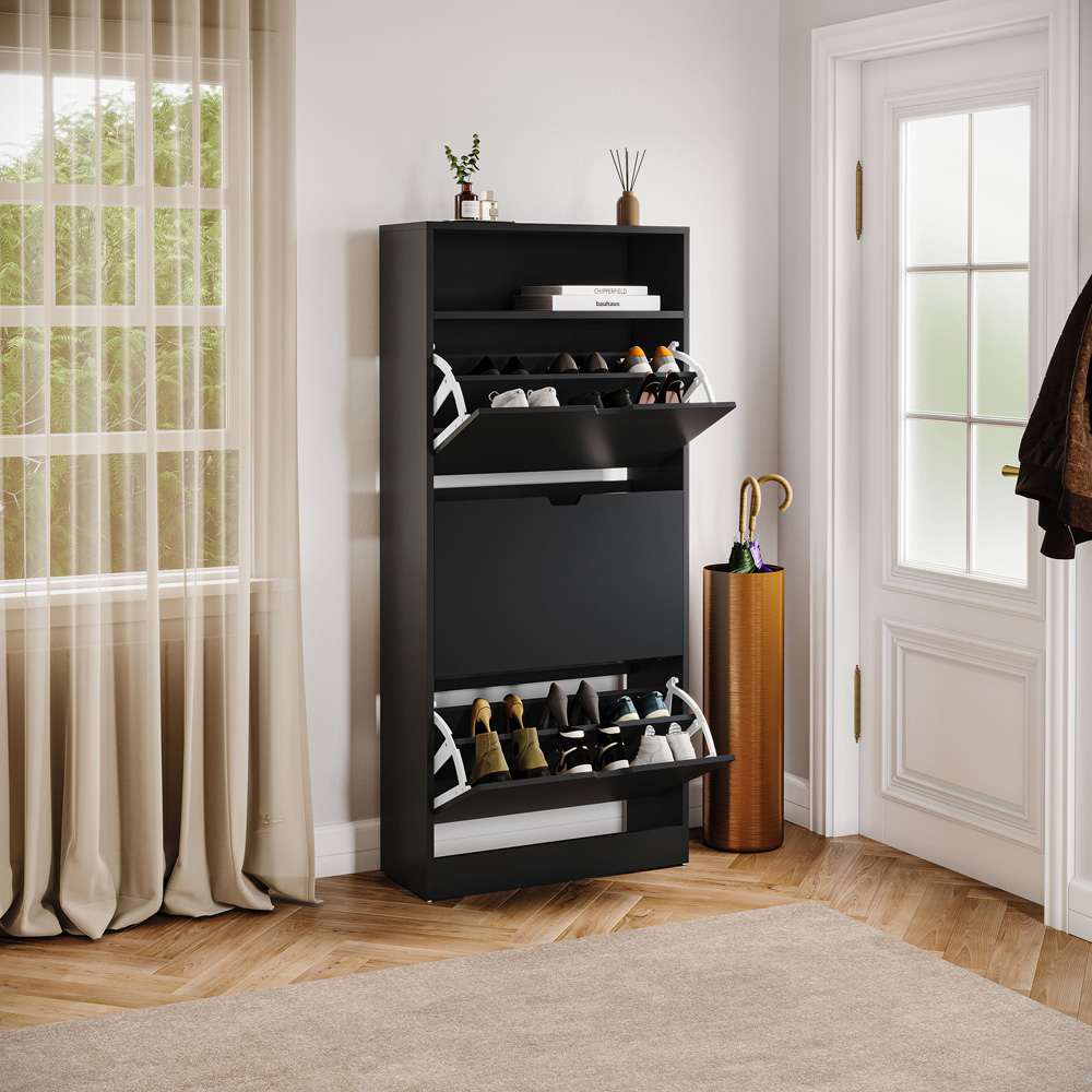 VIDA DESIGNS 3 Drawer Single Shelf Black Shoe Cabinet Image 4