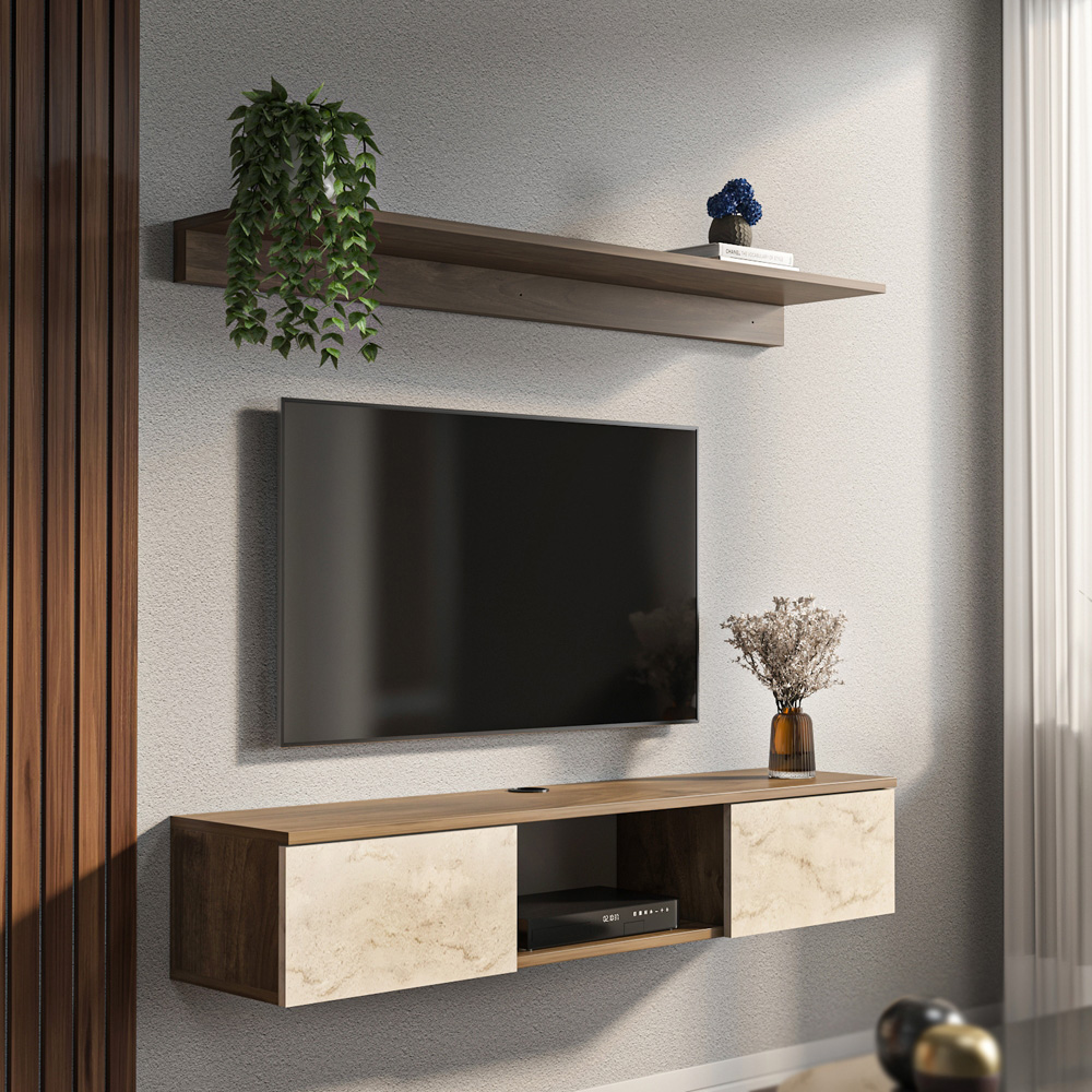 Decorotika Elia 2 Door Single Shelf Walnut Travertine Wall Mounted TV Unit with Wall Shelf Image 5