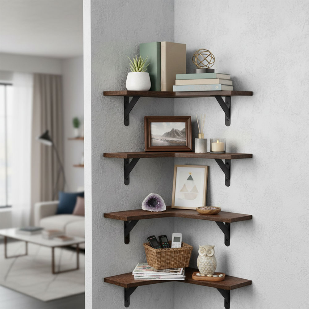 Living and Home 4 Piece Brown L-Shaped Wall-Mounted Shelf Image 7