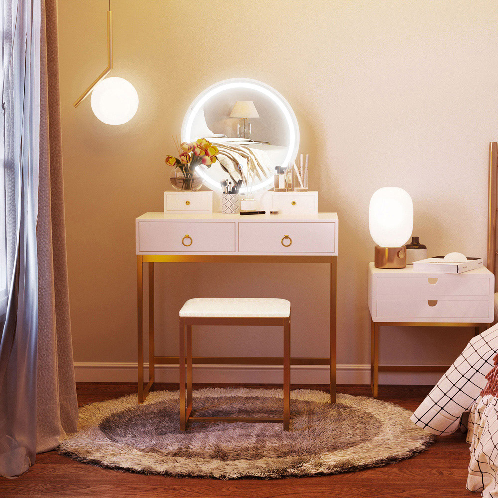 Portland 4 Drawer White Dressing Table Set with LED Mirror Image 3