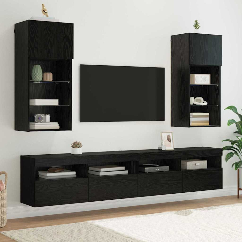 vidaXL Single Door 3 Shelf Black Oak Wide Wall Mounted LED TV Unit Image 8