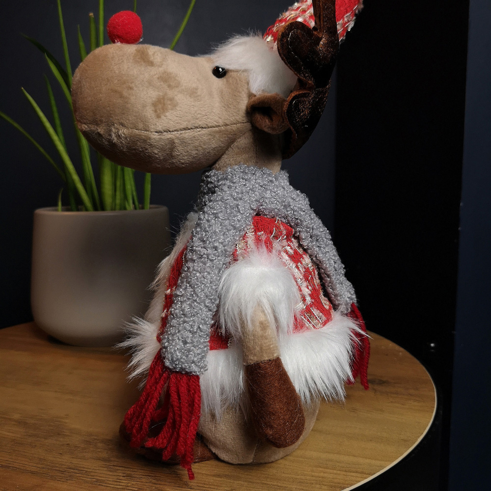 Samuel Alexander Plush Reindeer Christmas Decoration with Hat and Scarf in Red Image 3