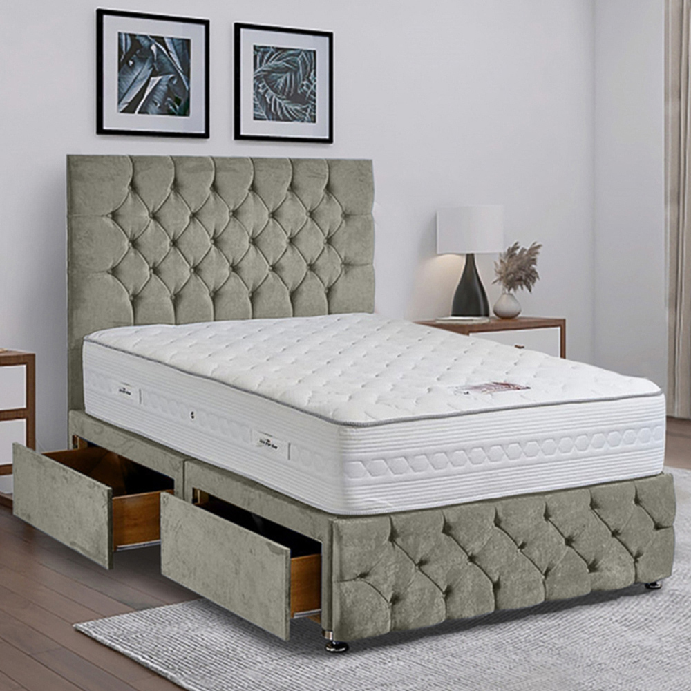 Eleganza Home Comfyzone Double Grey Plush Velvet Divan Bed with Chesterfield Headboard Image 1