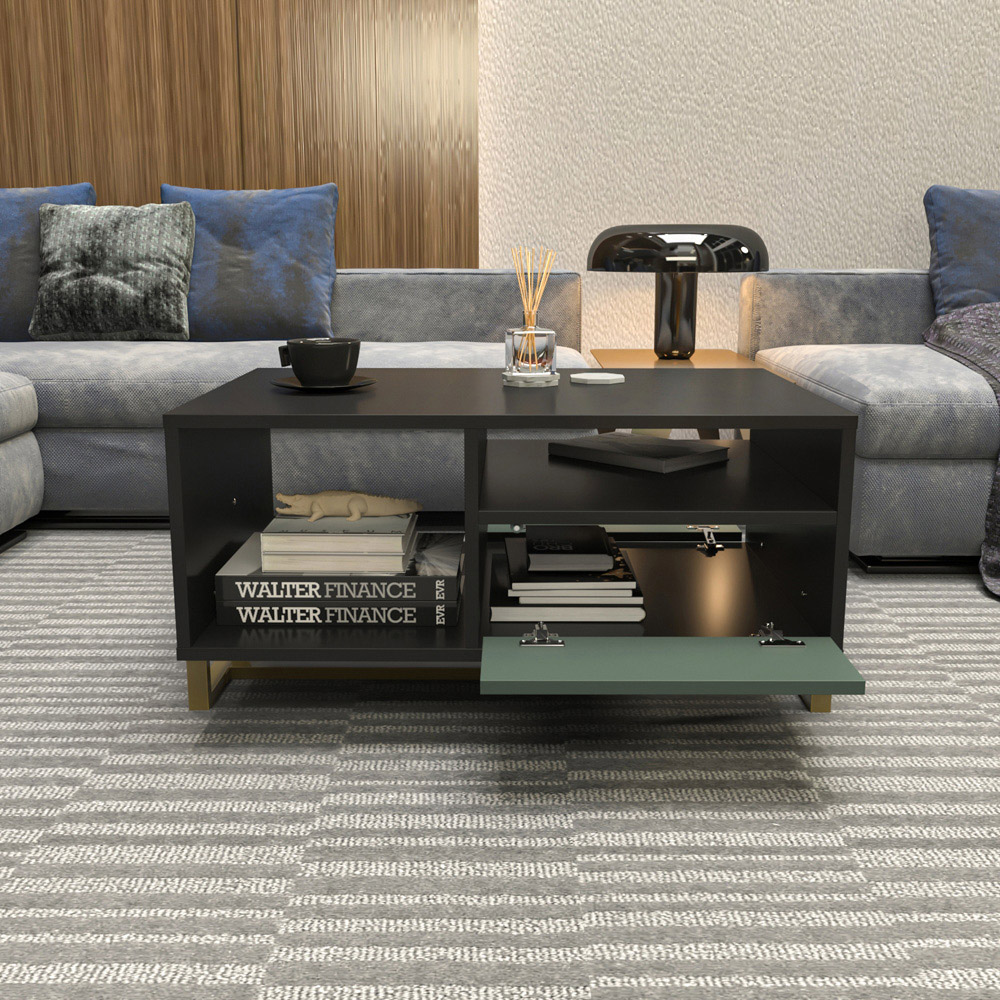 Decorotika Utopie 2 Door 2 Shelf Black and Green Modern Coffee Table Image 6