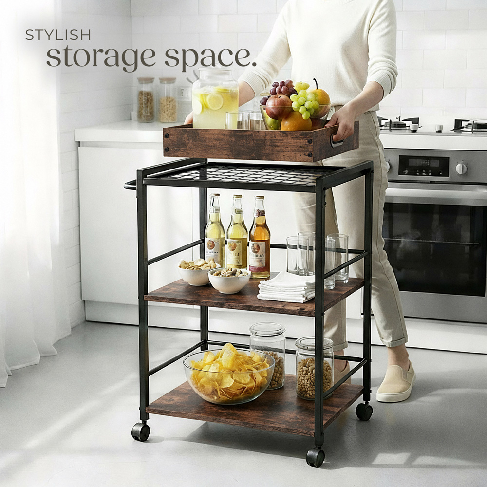 Tectake Worcester 3 Shelf Rustic Dark Wood Drinks Trolley Image 7